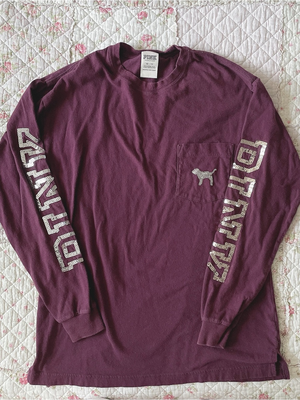 PINK Victoria's Secret by Victoria's Secret Sequin Long Sleeve Pocket Tee - Plum